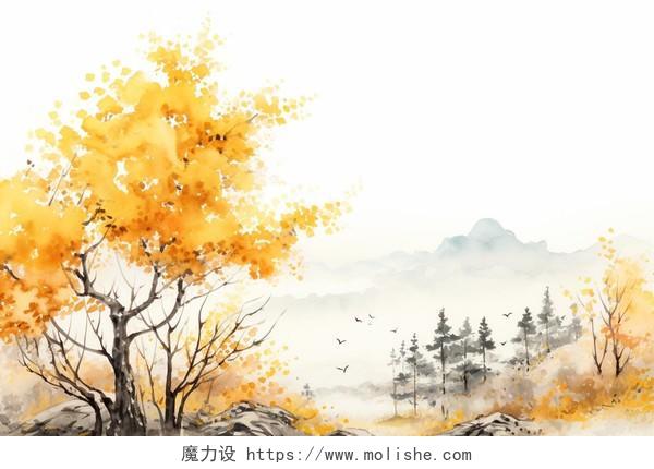 秋日风景树水彩AI插画立秋秋天自然风景